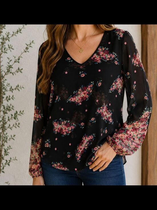 CAbi Tops - Cabi Floral Sheer Blouse  Sz M  Black Pink Long Sleeve Boho Peasant Top
